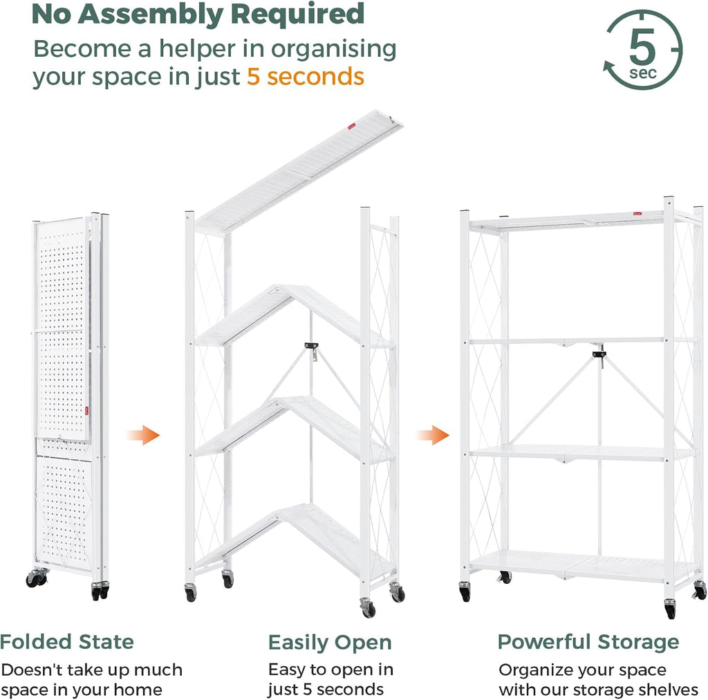 DEANIC 4 Tier Foldable Storage Shelves with Wheels, Large Capacity Shelving Unit, Freestanding Metal Wire Shelf Rack, No Assembly Organizer Rack for Garage Kitchen, Basement, Pantry(White Pack of 2)