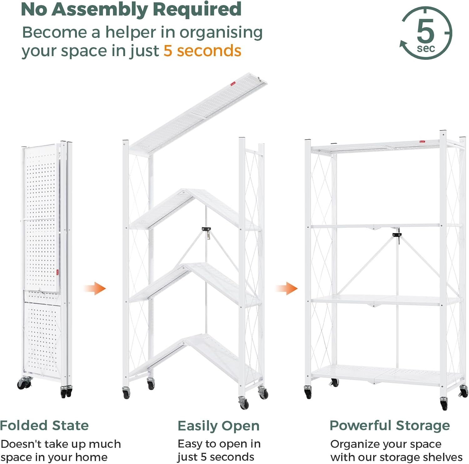 DEANIC 4 Tier Foldable Storage Shelves with Wheels, Large Capacity Shelving Unit, Freestanding Metal Wire Shelf Rack, No Assembly Organizer Rack for Garage Kitchen, Basement, Pantry(White Pack of 2)