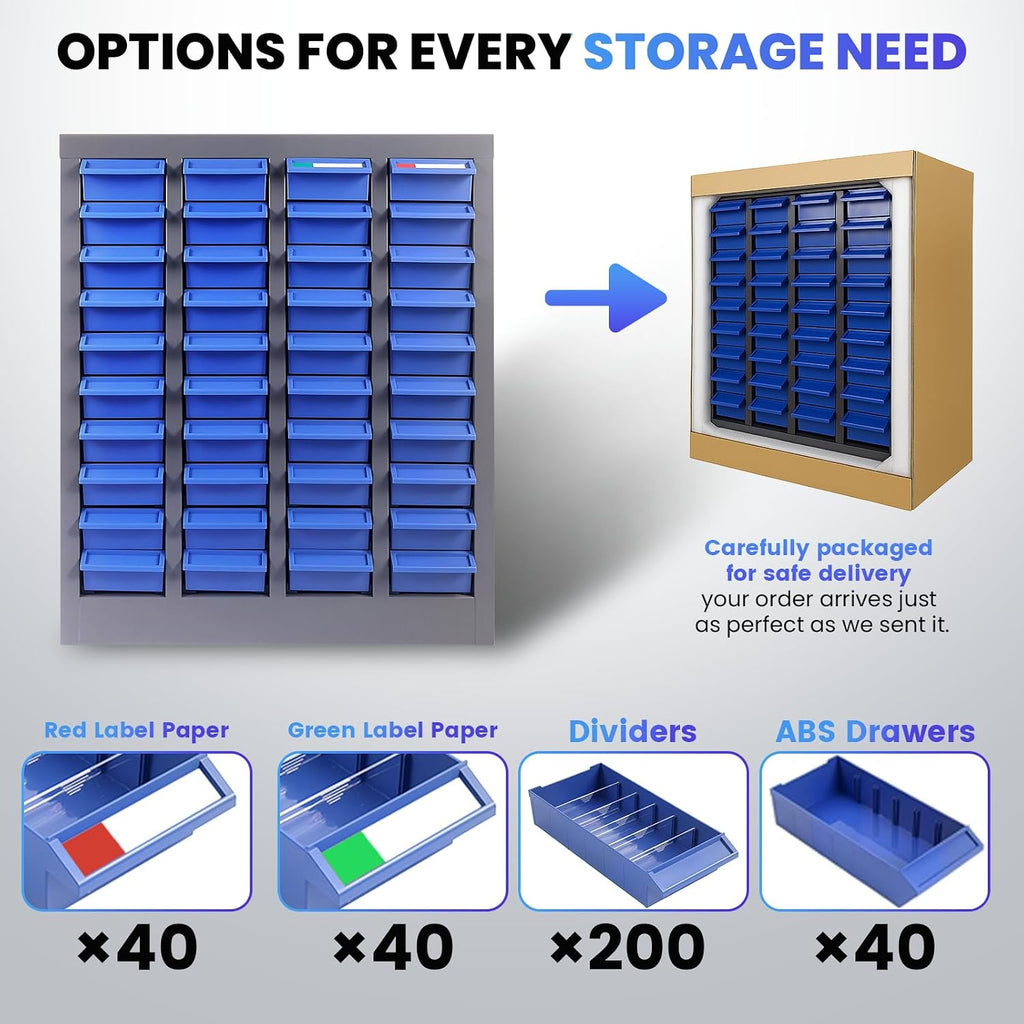 40-Drawer Storage Cabinet for Garage, Metal Organizer for Nuts and Bolts, ABS Dividers with Alloy Steel Frame, Workshop, Office, Home & Classroom Storage (40 Drawers)