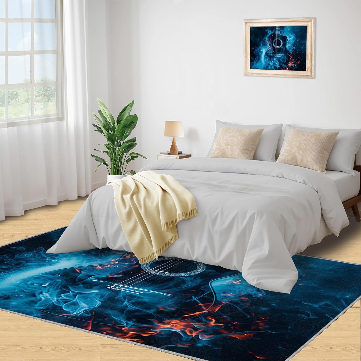 Guitar Rugs for Music Room - 5x7 Rug, Music Home Decor, Boys Musical Washable Rugs for Living Room Bedroom, Cool Blue Area Rug, Rock and Roll Carpet, Electric Guitars Gifts for Men