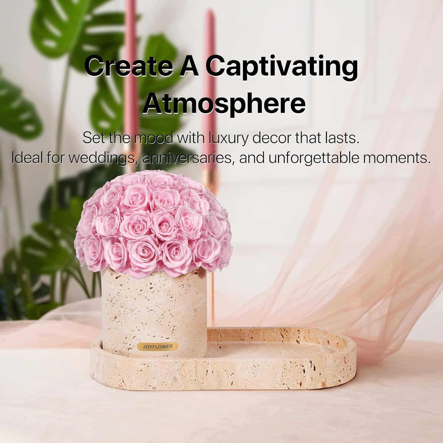 JoyFlower Preserved Flowers Vase, Yellow Travertine Flower Vases & Travertine Tray, Eternal Flower Decorations for Home Living Room Bedroom Coffee Table, Decorative Flower Vase House Decor(Light Pink)
