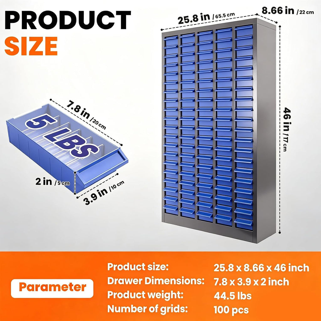 Nut and Bolt Organizer ABS Material, 100 Drawers Part Cabinet Bolt and Nut Tool Storage, 44.5LBS Weight Bolts Bin Tool with Drawer Dividers and Labels for Storing Tools and Parts