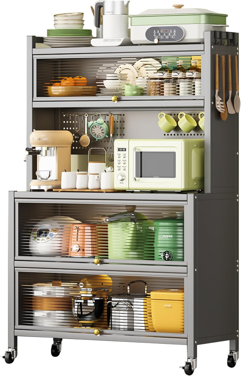 64' Kitchen Pantry Cabinet, Tall Storage Cabinet with Glass Doors and Wheels, Bakers Rack Countertop, Microwave Oven Shelf Cabinet, Cabinet Cupboard for Kitchen, Living Room, Dining Room (Grey)