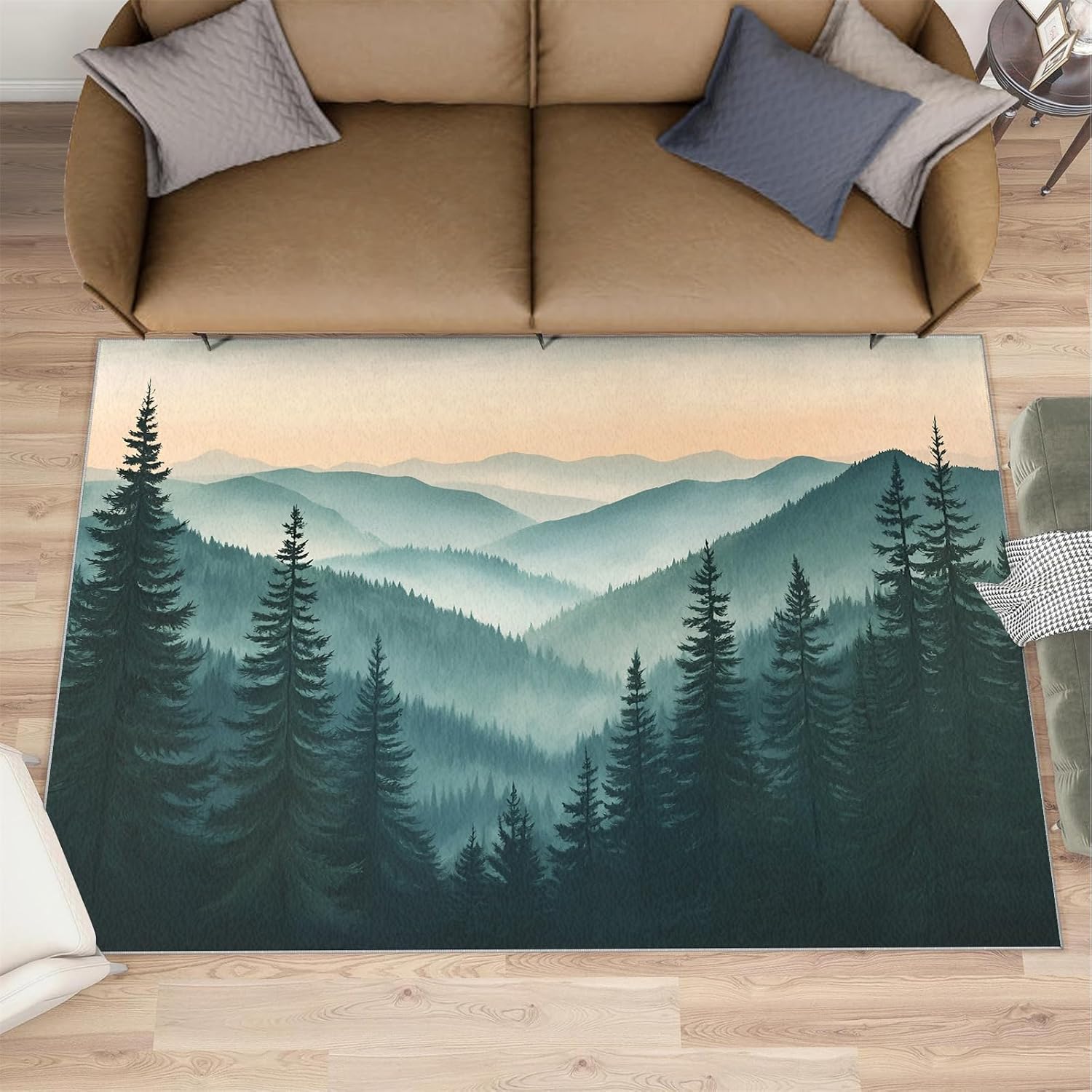 Misty Forest Rugs for Bedroom - 6x8 Rug, Forest Mountain Area Rugs for Living Room, Natural Scenery Carpet, Woodland Washable Mat, Landscape Home Decor & Gifts