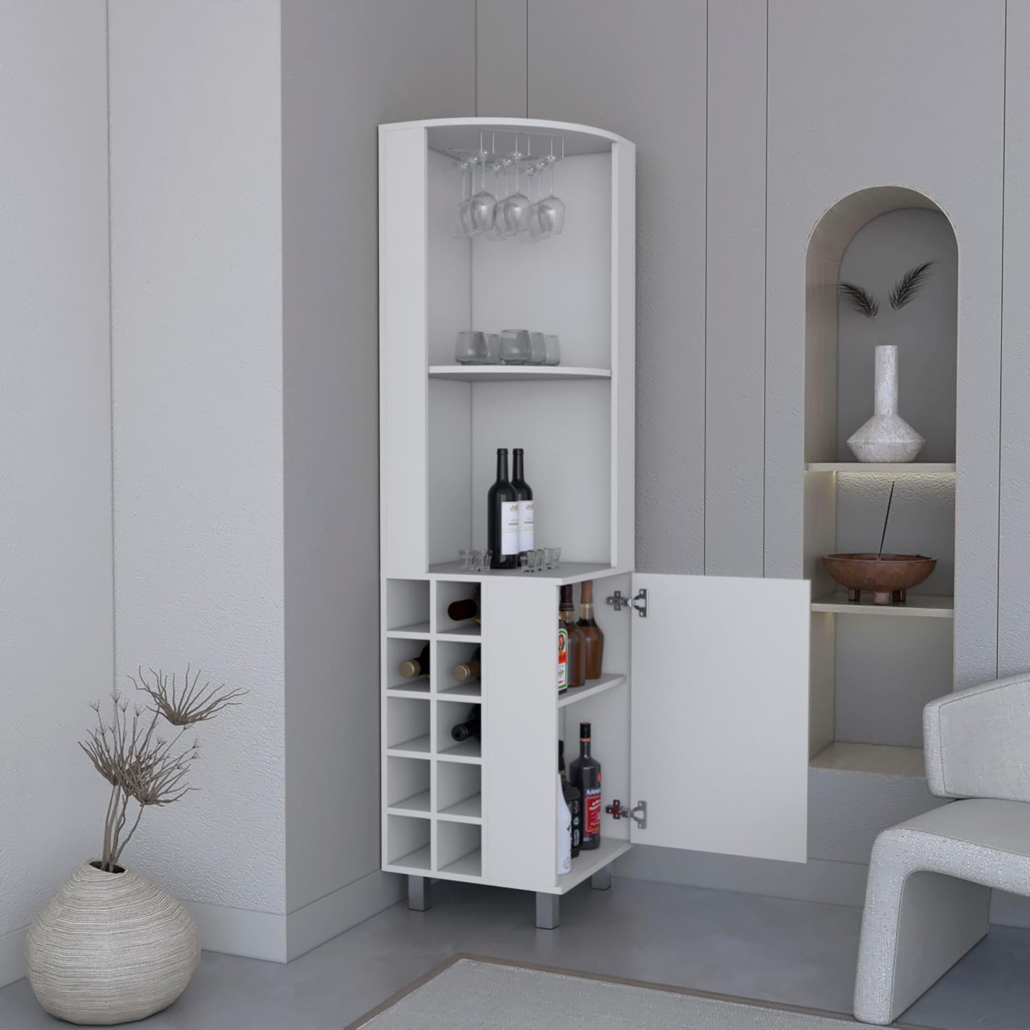 71' Freestanding Storage Cabinet, Kitchen Storage Bakers Rack with Wine Cubbies, Utility Food Cupboard with Stemware Racks for Dining, White