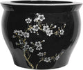 Classic Japanese Chinese Asian Ceramic Planter - 14' Plum Blossoms on Black Porcelain Pottery Fishbowl Jardiniere