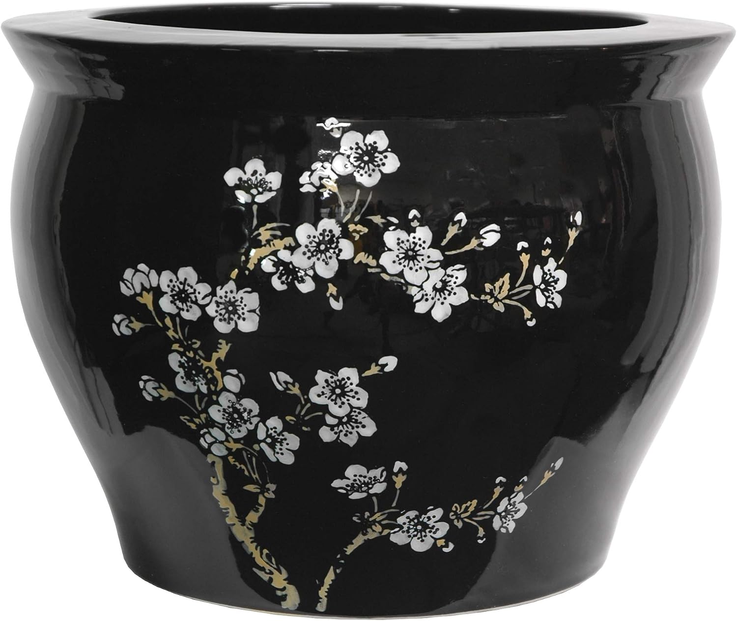 Classic Japanese Chinese Asian Ceramic Planter - 14' Plum Blossoms on Black Porcelain Pottery Fishbowl Jardiniere