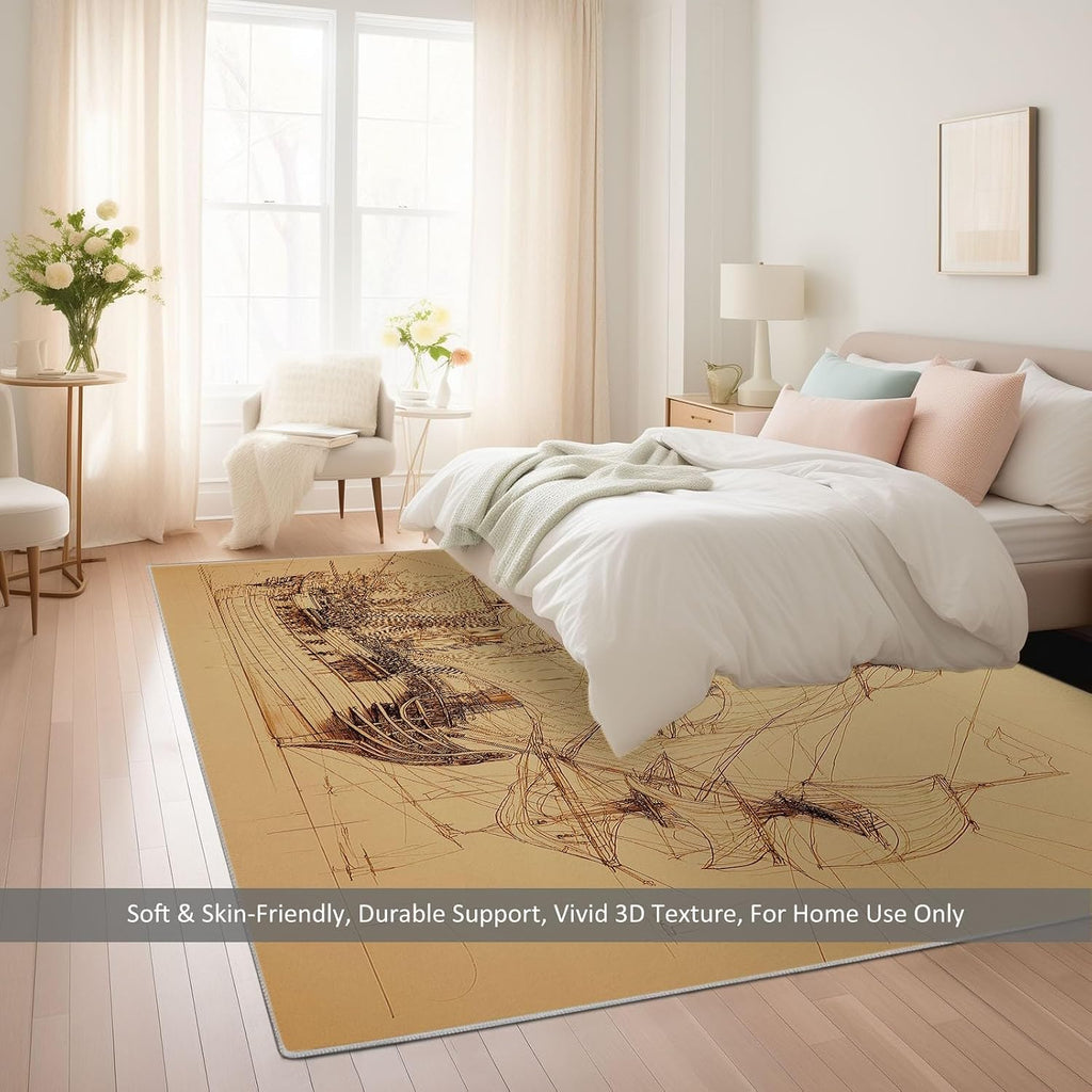 Machine Washable Ocean Sailboat Stripes Area Rugs 5' x 7', Non-Slip Vintage Large Area Rugs Stain Resistant Print Carpet for Home Decor, Kid Pet Friendly Mat