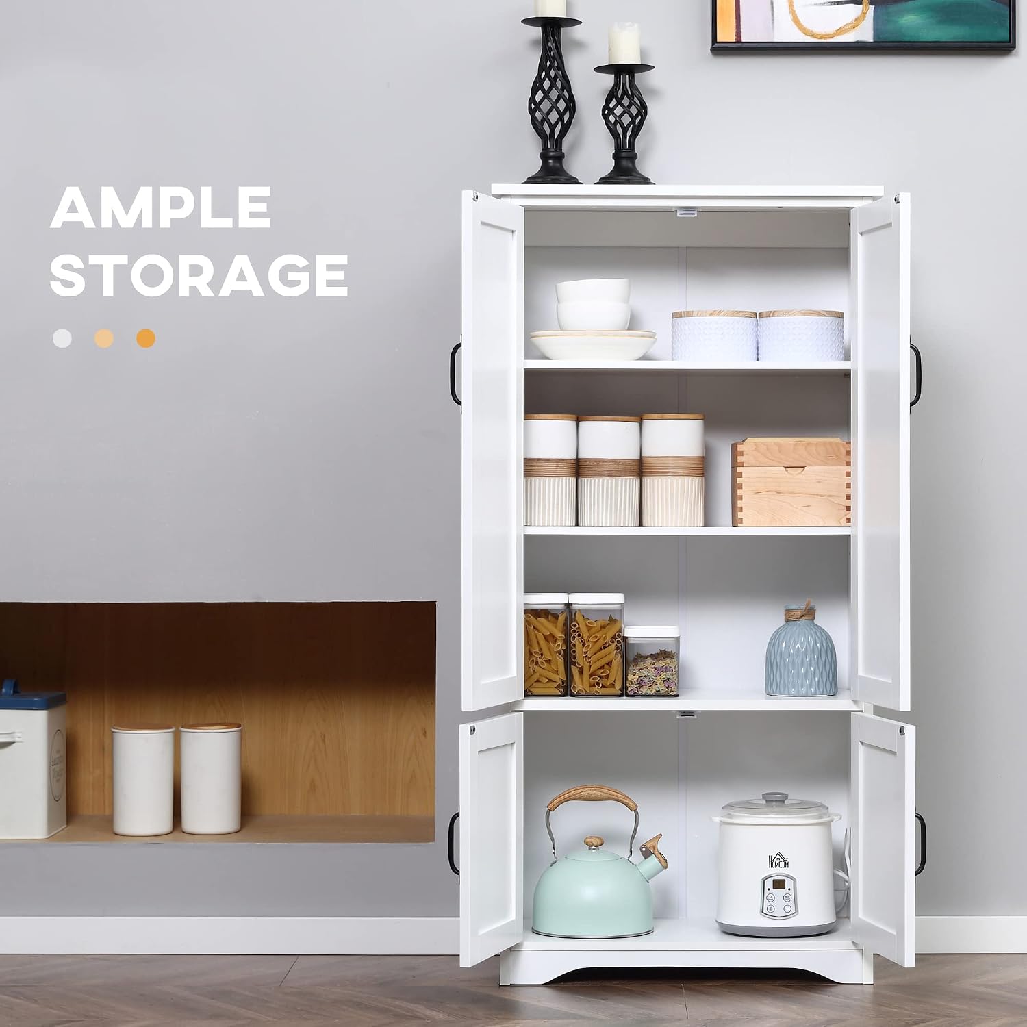48' Farmhouse-style Freestanding Storage Cabinet, Kitchen Storage Bakers Rack with Adjustable Shelves, Utility Food Cupboard with Flexible Storage for Kitchen Dining Garage Laundry Rooms, White