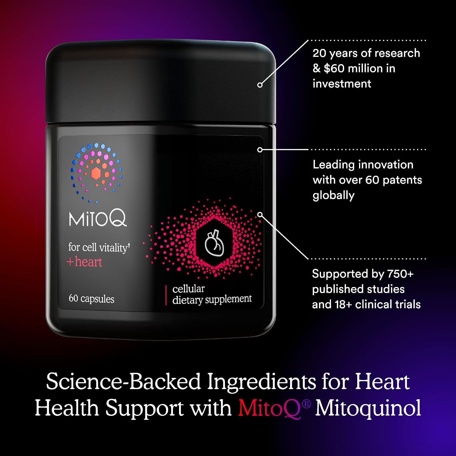 MitoQ +Heart Advanced CoQ10 Antioxidant - Heart Health Supplement with L-Carnitine, Magnesium, & Vitamin D3 - Supports Cardiovascular Health, Blood Flow, and Cellular Energy (180 Capsules)