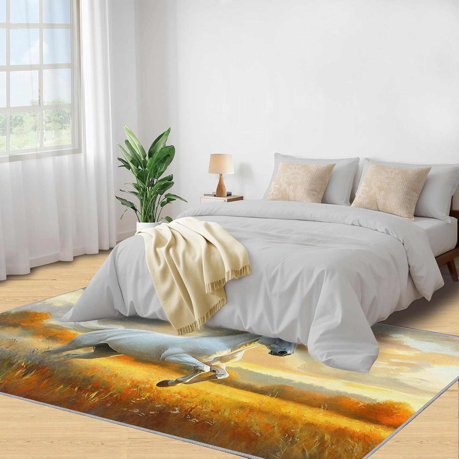 Galloping Horse Rugs for Bedroom, Vintage Animals Rug 6x8, Landscape Oil Painting Dining Room Rugs Washable & Non Slip Large Carpet for Home Decor