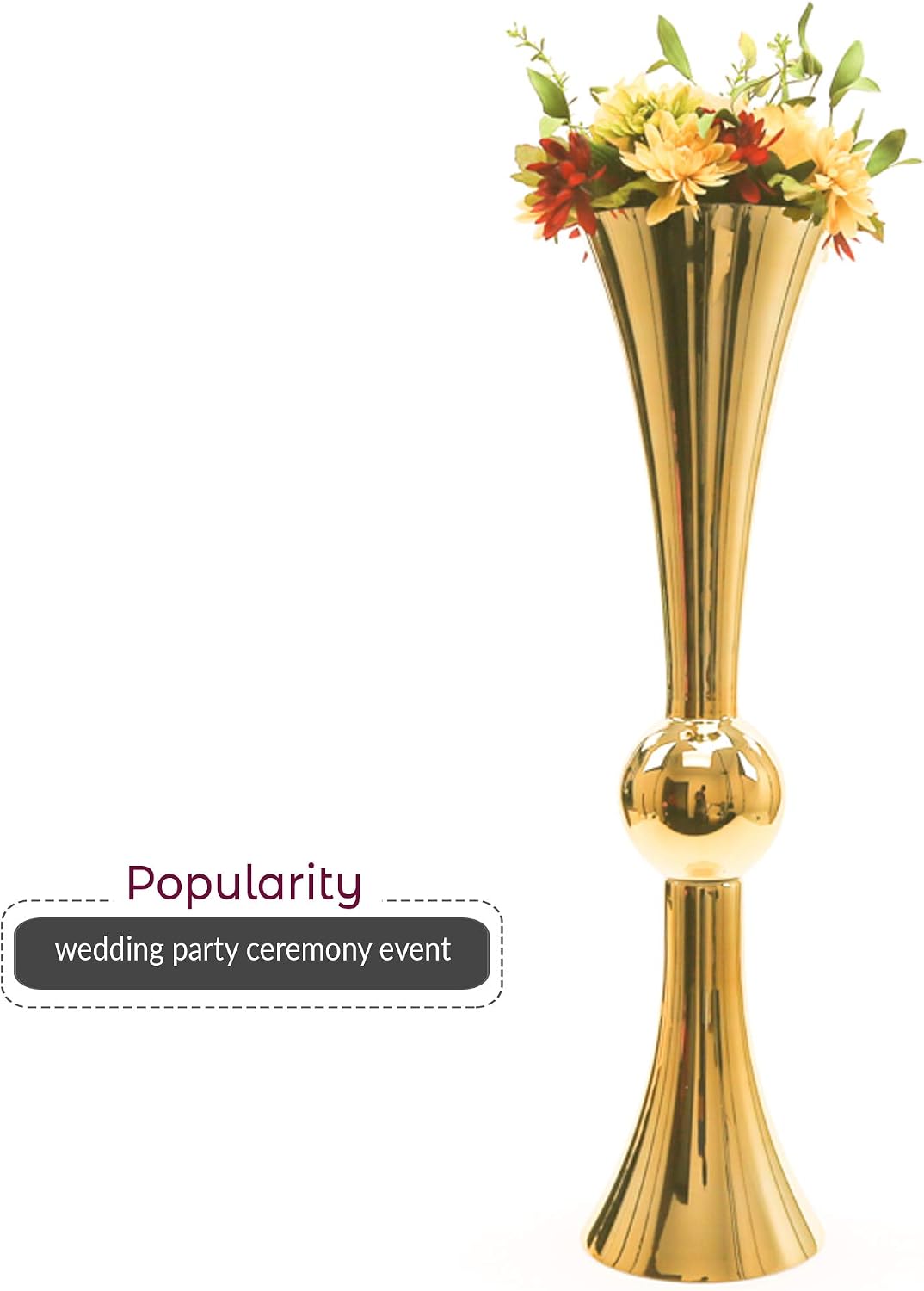 WGV Tall Trumpet Vase Bulk, Open 7.5', Height 30', Base 7.5', (Multiple Size/Color Choices) Gold Reversible Latour Floral Wedding Centerpiece Home Event Decor, 2 Pieces (VTV2130GD)