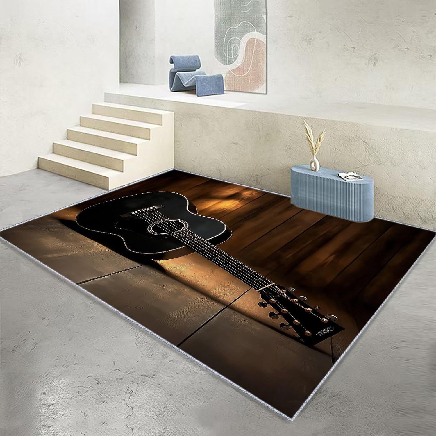 6x9 ft Area Rugs for Living Room, Musical Elements Guitar Kid & Pet Friendly Non Shedding Living Room Area Rugs, Musical Elements Washable Non Slip Soft Low Pile Print Carpet