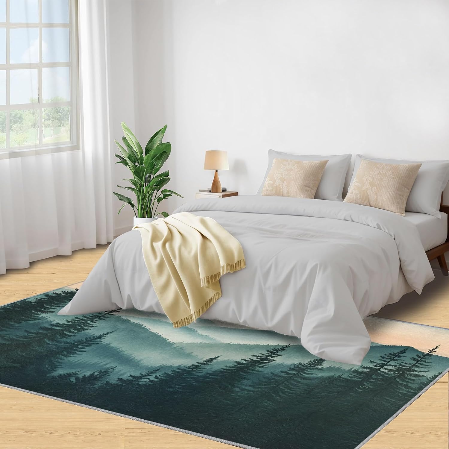 Misty Forest Rugs for Bedroom - 6x8 Rug, Forest Mountain Area Rugs for Living Room, Natural Scenery Carpet, Woodland Washable Mat, Landscape Home Decor & Gifts