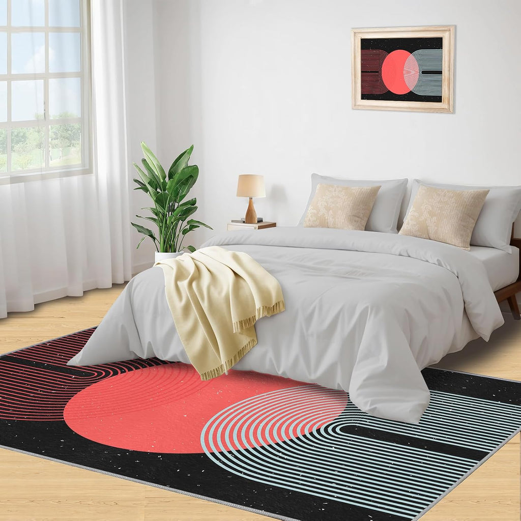 Abstract Boho Art Area Rug, Nordic Sun Print Rugs for Living Room, Indoor Non-Slip Kids Rugs, Machine Washable Breathable Durable Carpet for Front Entrance Floor Decor,6 x 8ft
