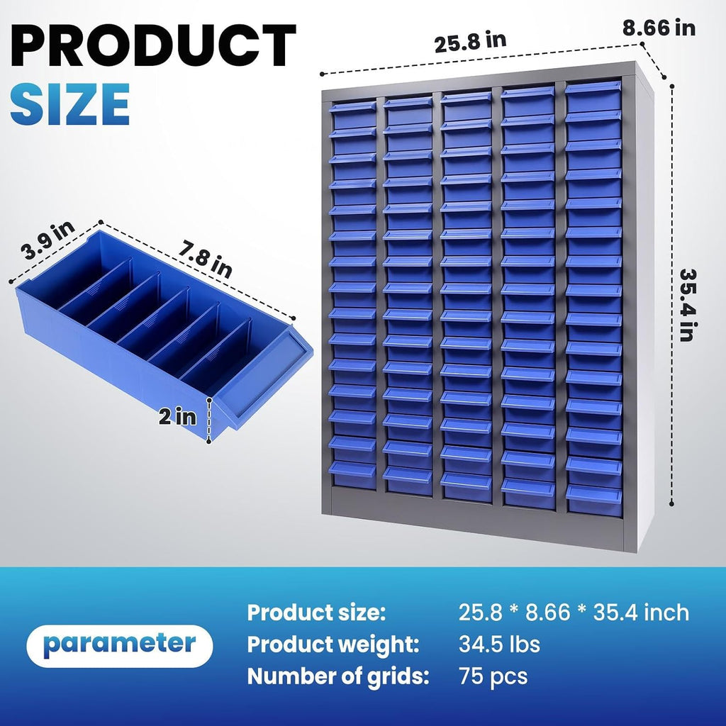 25.8''L×8.66''W×35.4''H Nut and Bolt Organizer 75 Slots, Bolt Organizer, Alloy Steel Parts Organizer with Abs Material Drawer, Bolt Bin with Label Stickers for Tool Hardware Storage (75)