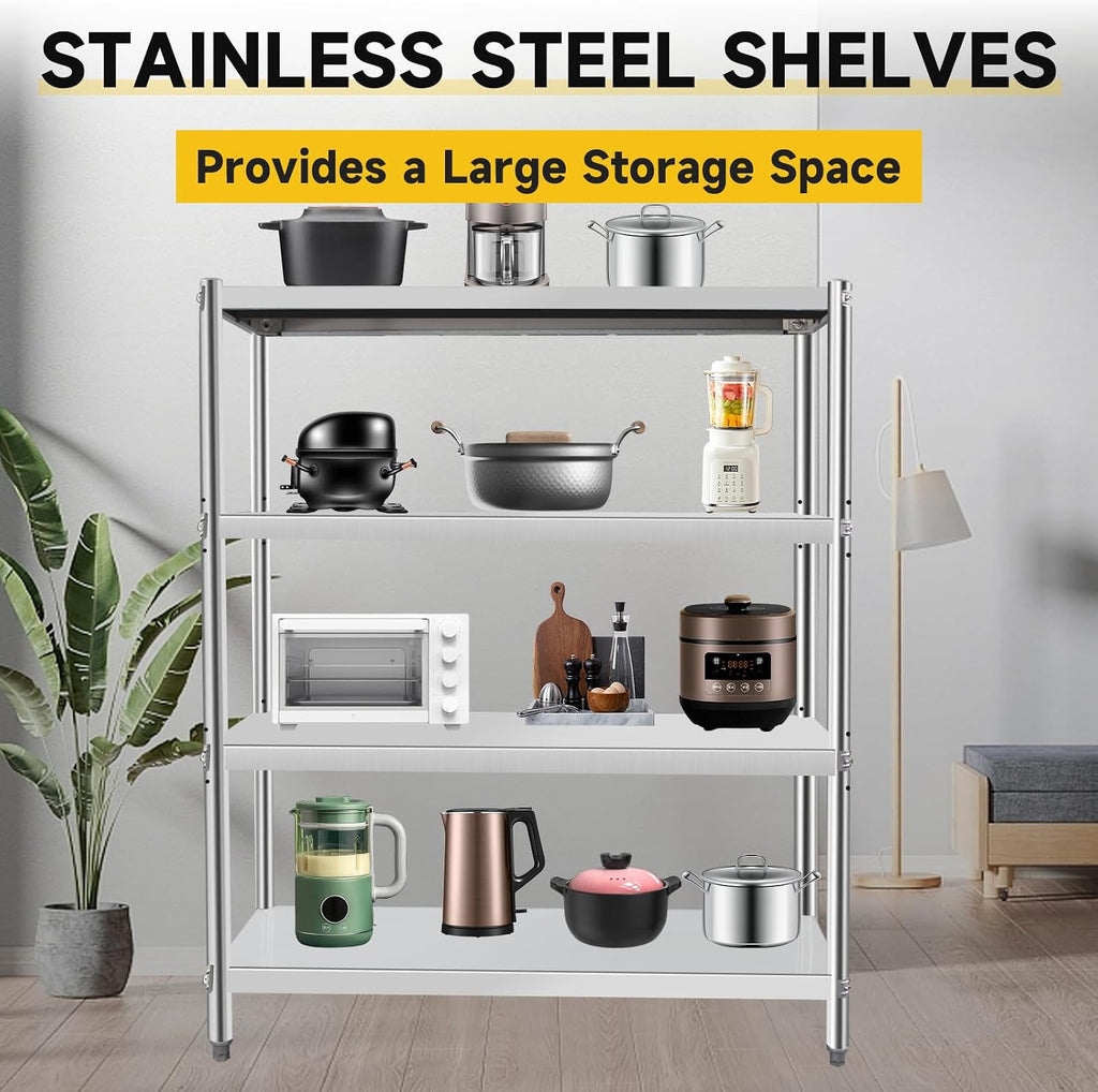Stainless Steel Shelves 48x18x60 Inch Storage Rack 4 Tier Shelving Units and Storage Adjustable Stainless Steel Rack Shelving, Storage Shelves for Kitchen Commercial Office