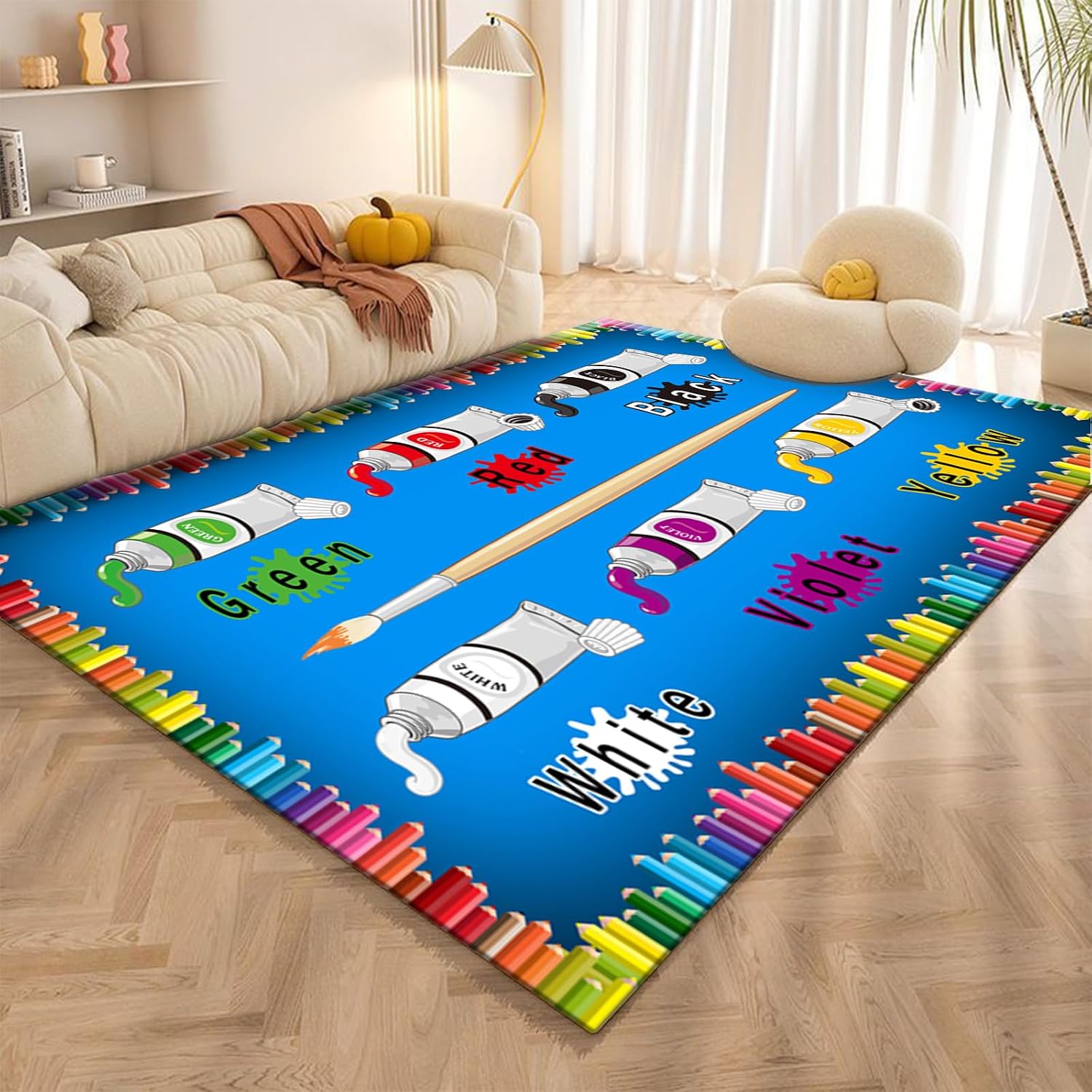 Crayon English Learning Daycare Rug, 6x8ft, Learn Colors Educational Indoor Rugs, Soft Absorbent Bedside Area Rug, Durable Shed Resistant Easy Clean Floor Carpet for Kids Bedroom Dorm