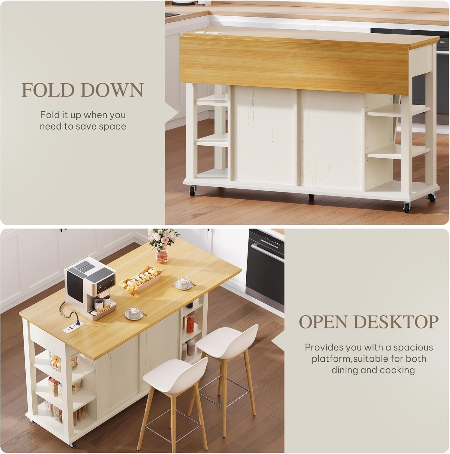 YITAHOME Rolling Kitchen Island with Drop Leaf, 51 Inch Kitchen Cart with Trash Can Cabinet, Americana Center Island with Power Outlet, Mobile Foldable Dining Table with Open Shelves, Off-White