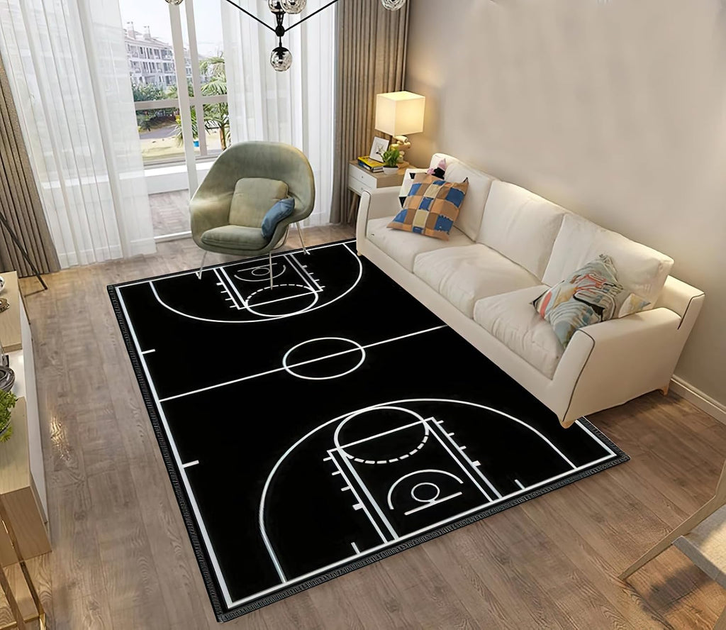 Black Basketball Court Area Rug, Boys Basketball Sports Indoor Non Slip Kids Rugs, Machine Washable Breathable Durable Carpet for Living Room Entryway Bedroom Dormitory - 5 ft x 7 ft, Style-1
