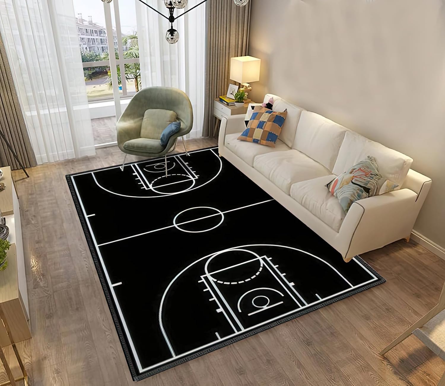 Black Basketball Court Area Rug, Boys Basketball Sports Indoor Non Slip Kids Rugs, Machine Washable Breathable Durable Carpet for Living Room Entryway Bedroom Dormitory - 5 ft x 7 ft, Style-1