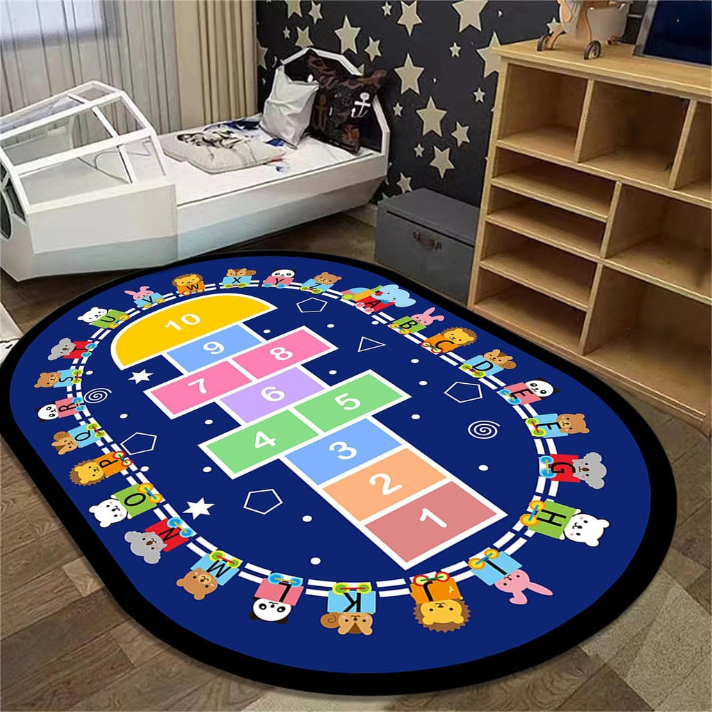 Cartoon Hopscotch Children's Educational Rugs, 6x8ft, Cartoon Animal Train Track Play Mats, Multi-Color ABC Letter Oval Washable Carpets, Soft Reduce Noise Printed Rugs for Nursery