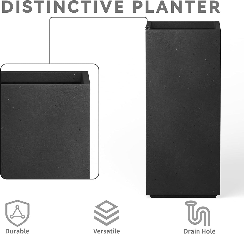 Kante 27.6' H Tall Rectangular Concrete Planter, Modern Square Diameter Plant Pot with Drainage Hole and Rubber Plug for Indoor Outdoor Home Patio Garden, Black