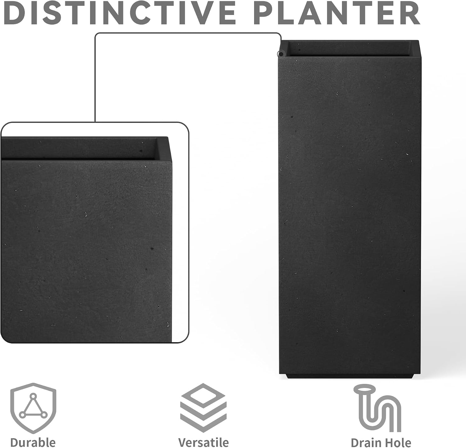 Kante 27.6' H Tall Rectangular Concrete Planter, Modern Square Diameter Plant Pot with Drainage Hole and Rubber Plug for Indoor Outdoor Home Patio Garden, Black