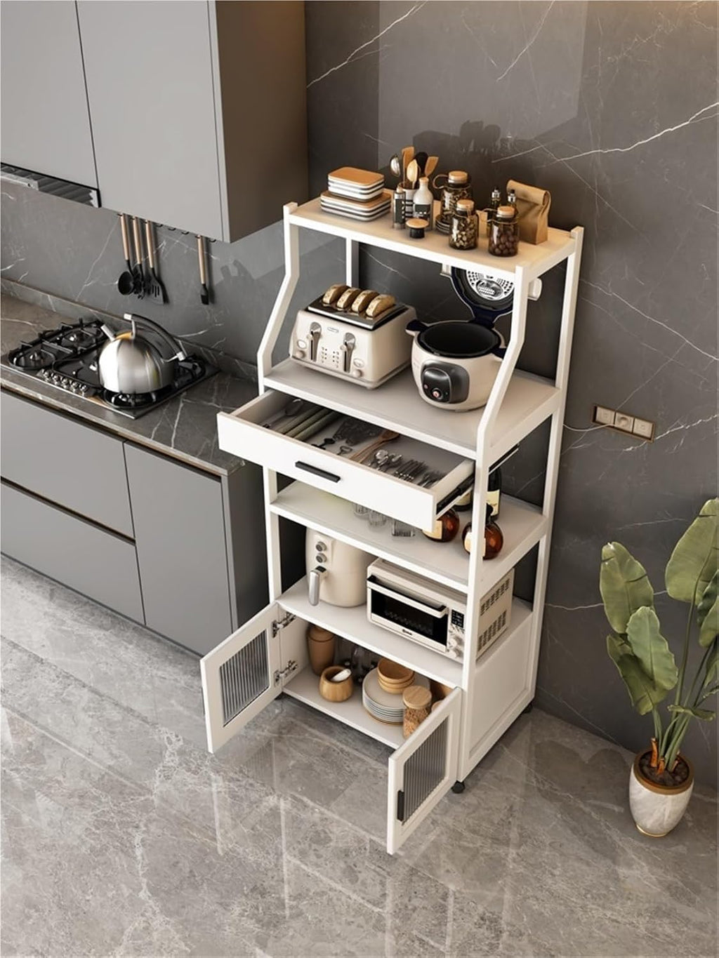Modern Freestanding Display Storage Cabinet Kitchen Microwave Storage Shelf Standing Baker's Rack Floor Cabinet Storage Organizer Wine Rack for Living Room Kitchen,Living Room