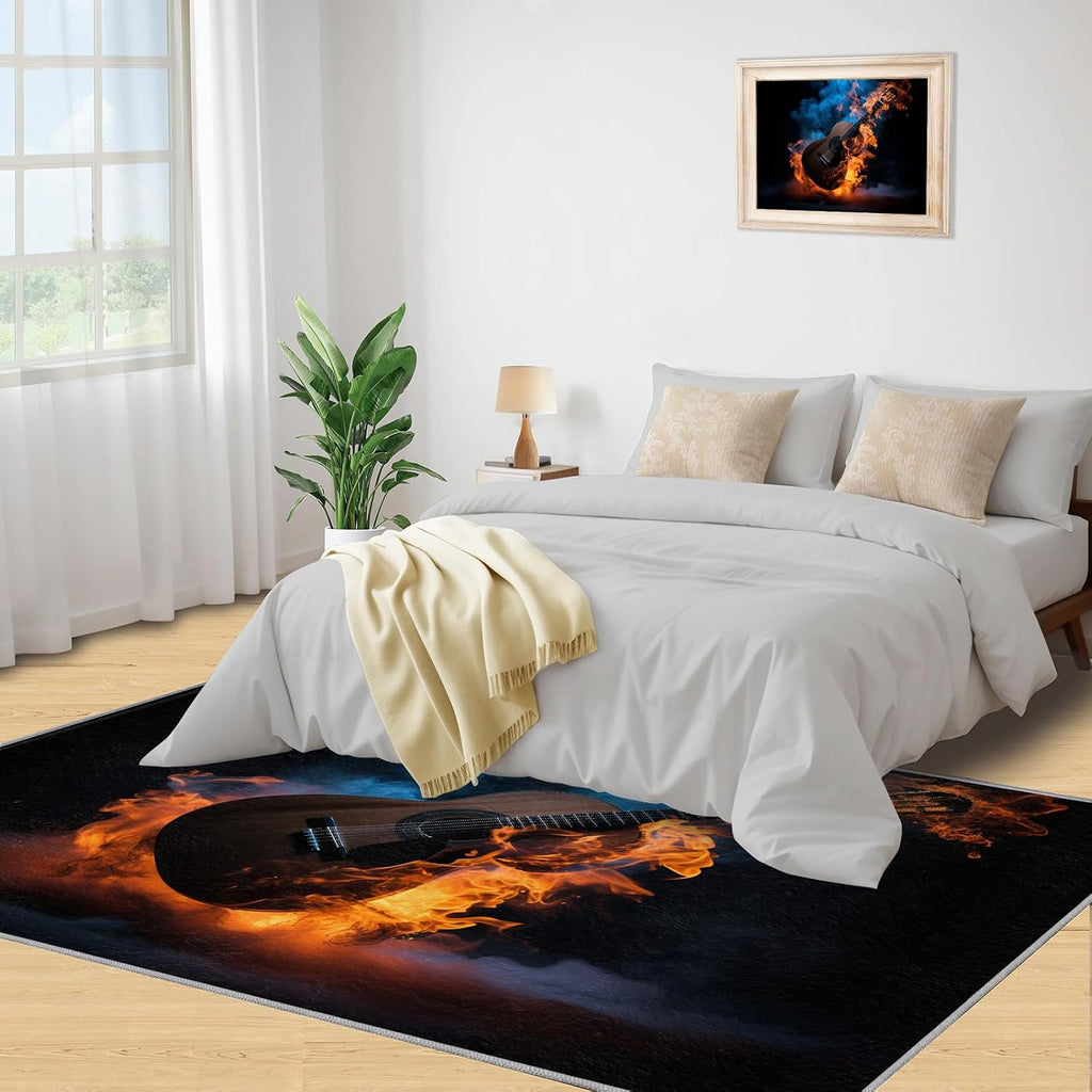 Guitar Home Decor Area Rug - Cool Guitar Bedroom Rug - Music Lover Living Room Rugs - Non-Slip Low Pile Carpet for Kids Room Band Recording Studio 8x10ft
