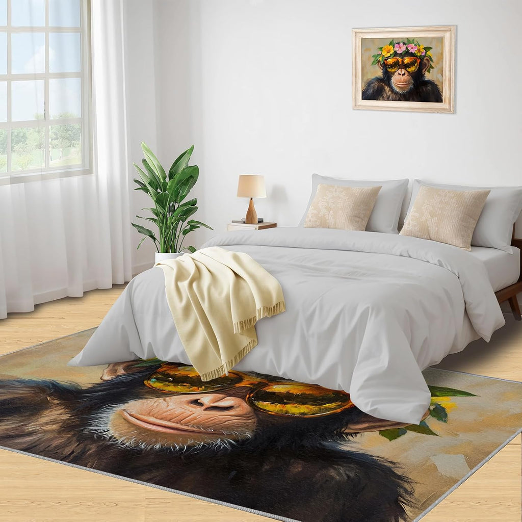6x8 Chimp Area Rug - Chimpanzee Large Rugs for Living Room, Floral Crown Chimpanzee Carpet Area Rug for Girls Bedroom Kids Room Basement Office Classroom