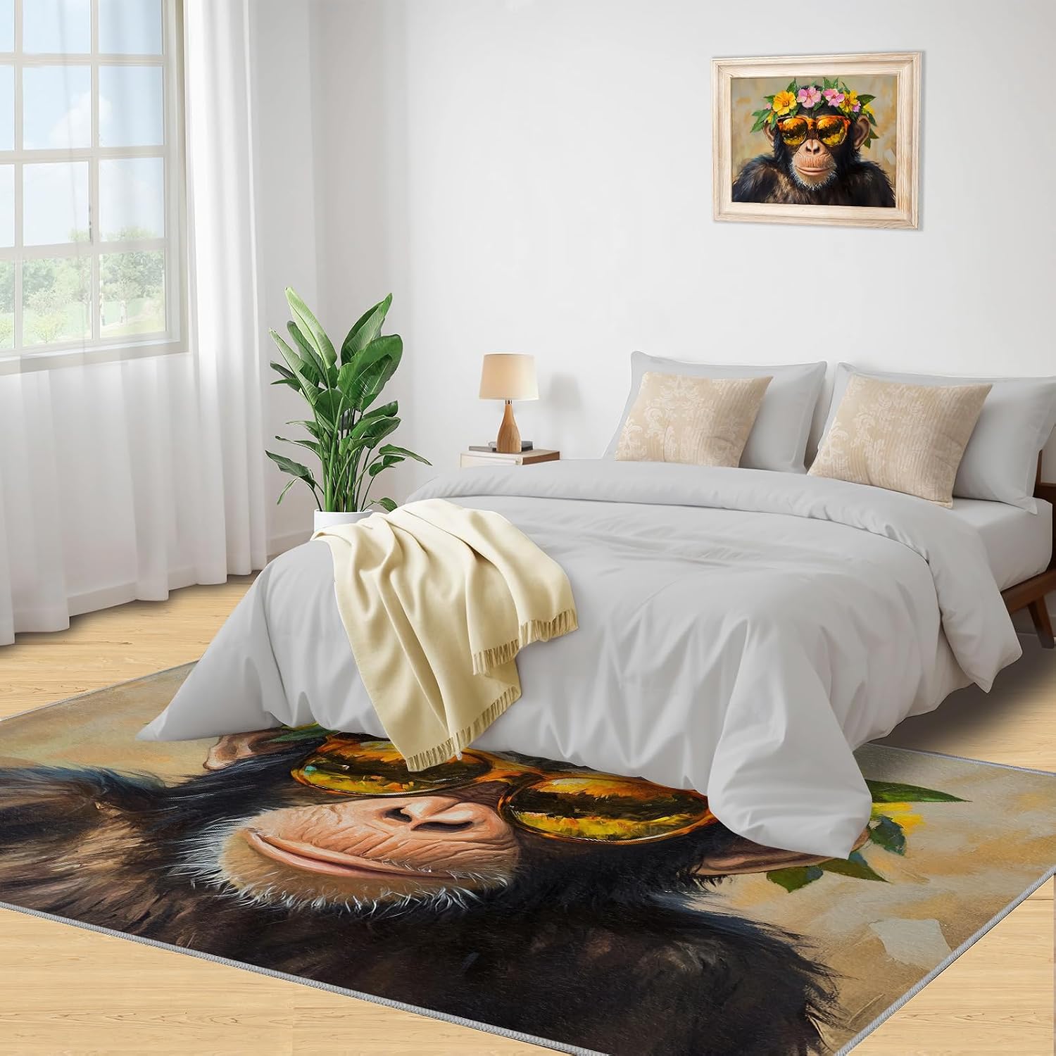 6x8 Chimp Area Rug - Chimpanzee Large Rugs for Living Room, Floral Crown Chimpanzee Carpet Area Rug for Girls Bedroom Kids Room Basement Office Classroom