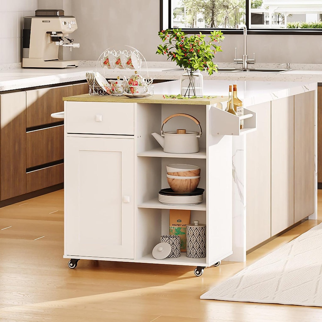 HOOBRO Kitchen Island with Power Outlet and Kitchen Island Bundle, Rolling Kitchen Cart on Wheels, for Home, Kitchen and Dining Room, White and Natural, WN82UZD01G1-WN12ZD01
