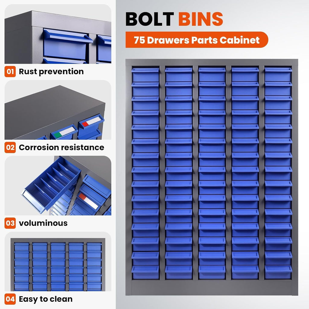 75 Drawers Alloy Steel Parts Cabinet, Bolt and Nut Tool Storage Cabinet with Labels, ABS Material Drawer Non-Slip Design, 5mm Thick Steel Frame, Nut and Bolt Organizer for Storing Tools (75 Drawers)