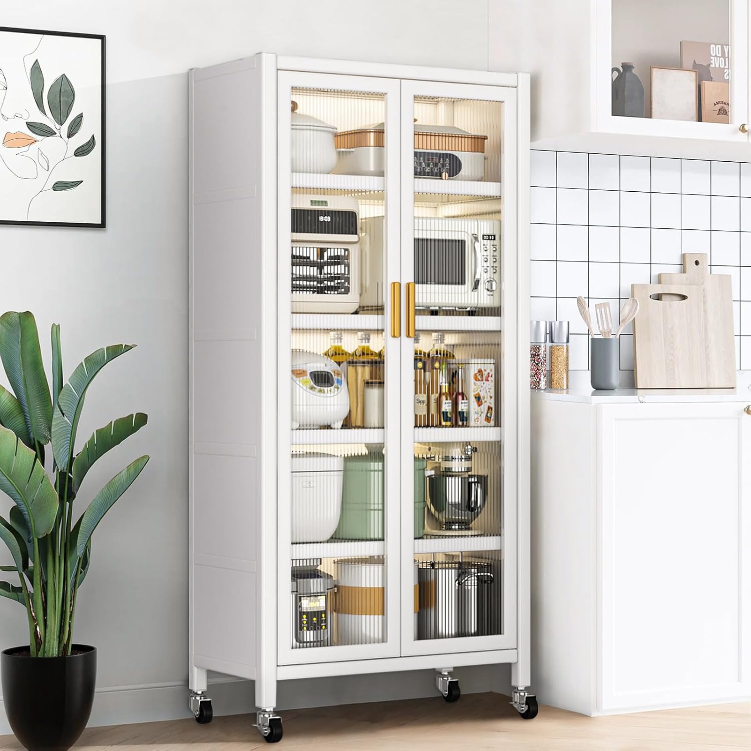 Kitchen Storage Cabinet, Pantry Cabinet with Two Glass Doors and Adjustable Shelves, 6 Tier Large Kitchen Hutch Cabinet Freestanding Tall Storage Sideboard, Kitchen Bakers Rack (White)