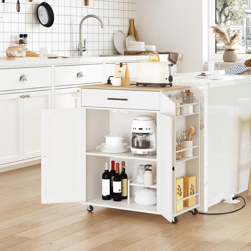 HOOBRO Kitchen Island and Kitchen Storage Island with Power Outlet, Rolling Kitchen Cart on Wheels, for Home, Kitchen and Dining Room, White and Natural WN82UZD01G1-WN88UZD01