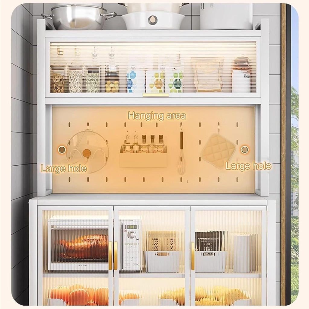 6-Tier Kitchen Bakers Rack with Storage Cabinet, Flip Door, White Microwave Stand with Hooks, Coffee Bar Organizer, 100cm, Carbon Steel Frame(61CM)