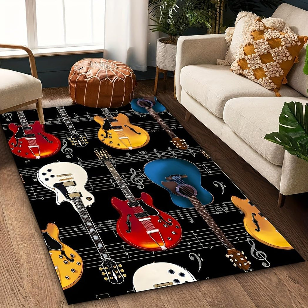 Guitar Print Living Room Rug, 6x8ft, Rock Music Guitar Bass Indoor Rugs, Cozy Thin Fade Resistant Home Decor Rug, Foldable Soft Durable Non Skid Washable Carpets for Kids Teen Bedroom