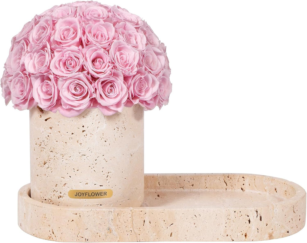 JoyFlower Preserved Flowers Vase, Yellow Travertine Flower Vases & Travertine Tray, Eternal Flower Decorations for Home Living Room Bedroom Coffee Table, Decorative Flower Vase House Decor(Light Pink)