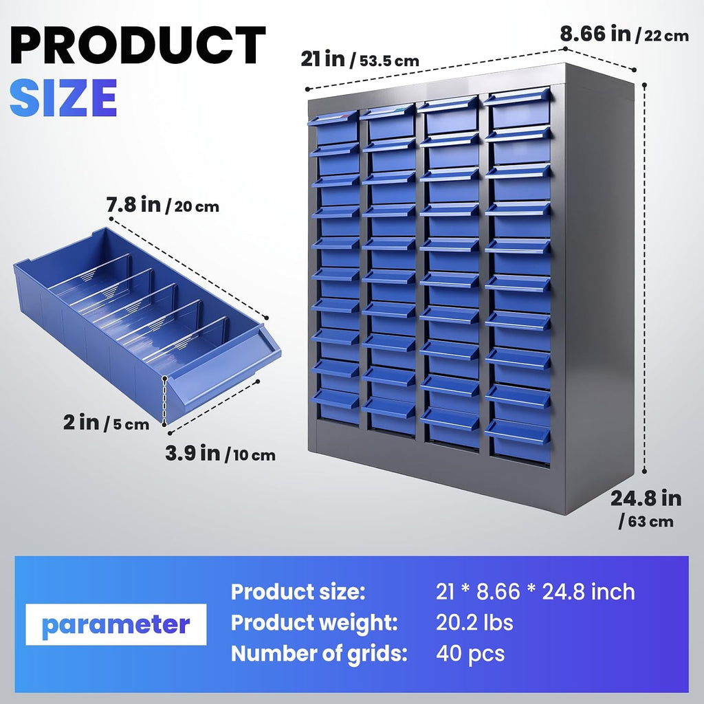 40-Drawer Small Parts Organizer, Metal Nut and Bolt Organizer, Bolt Bin with Alloy Steel Construction Outer Frame, Freestanding Storage Cabinet with Labels for Garage Workbench, Shop & Crafts