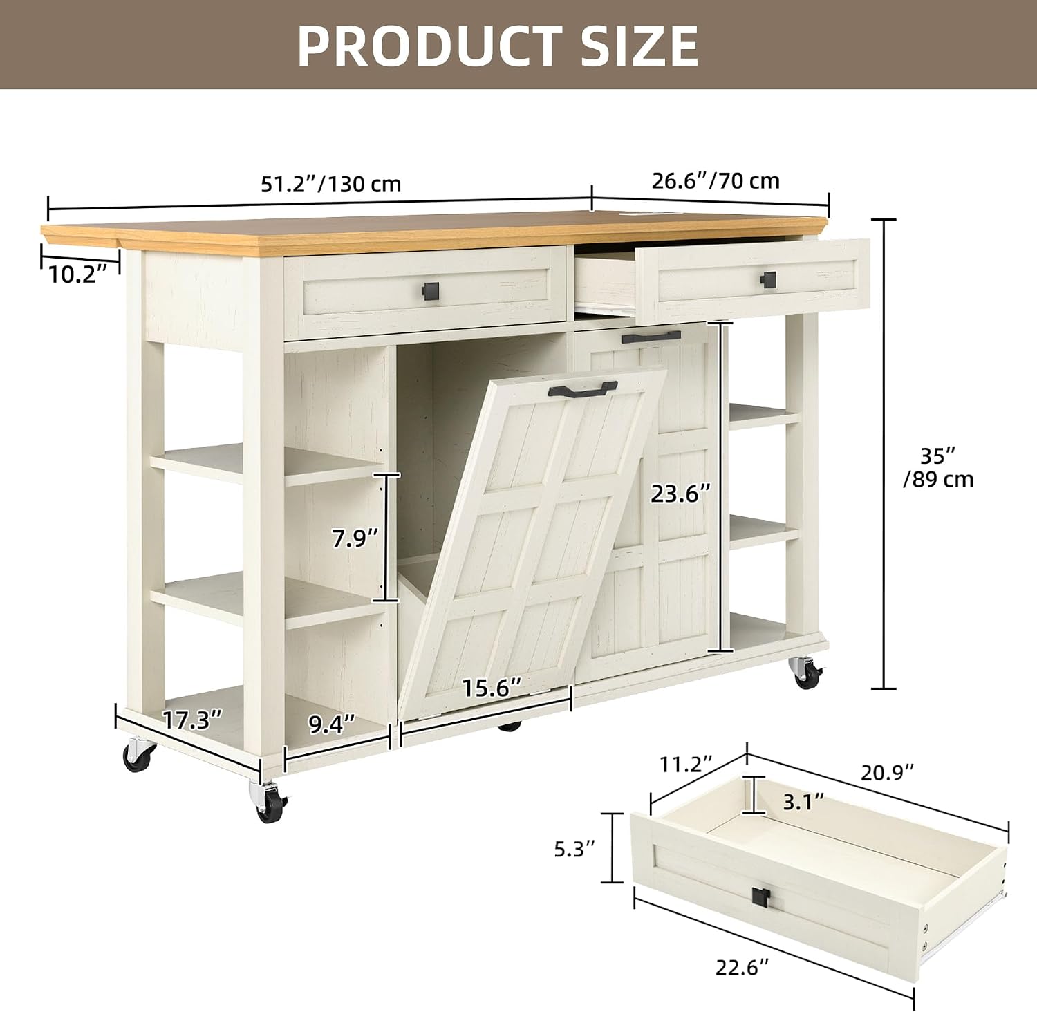 YITAHOME Rolling Kitchen Island with Drop Leaf, 51 Inch Kitchen Cart with Trash Can Cabinet, Americana Center Island with Power Outlet, Mobile Foldable Dining Table with Open Shelves, Off-White