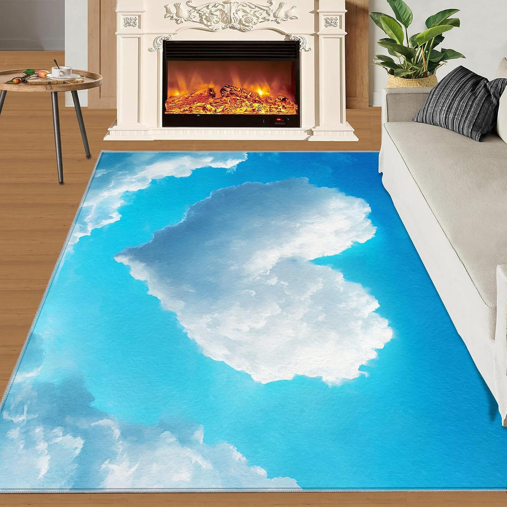 Blue Sky Rugs for Bedroom, Heart-Shaped Clouds Rug 6x8, Romantic White Clouds Dining Room Rugs Washable & Non Slip Large Carpet for Home Decor