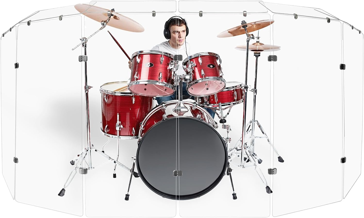 PENNZONI Drum Shield 6ft w/Deflectors & Chrome Hinges, Comes w/ 7 Drum Panels, 7 Deflectors, Chrome Hinges & Deflector Connectors, Premium Clear Acrylic Panels