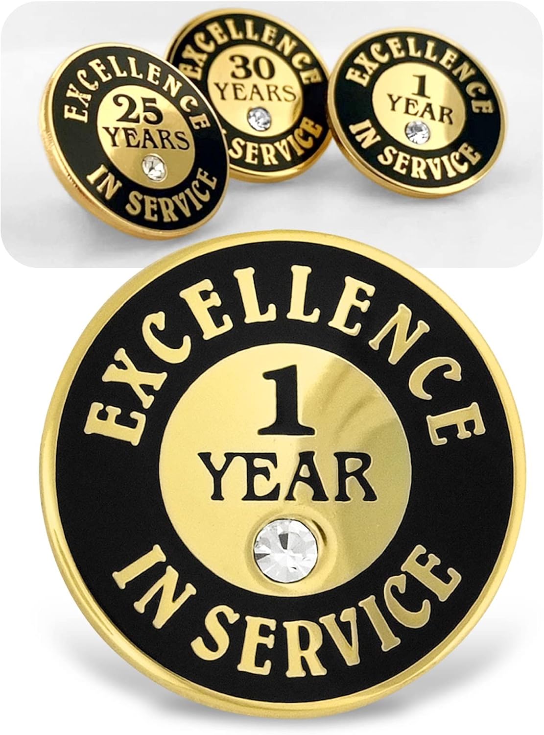 PinMart Gold Color Plated Excellence in Service Year Award Lapel Pin – Metal Enamel Workplace Reward Pin w/Rhinestone – 1-60 Years Pins for Long Standing Employees