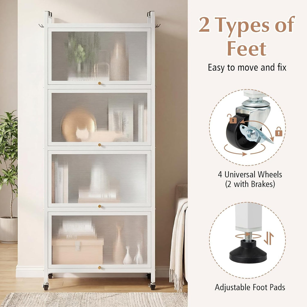 LDAILY 5-Tier Kitchen Storage Cabinet, Mobile Microwave Stand with Metal Frame, Double Anti-toppling Device, 4 Rolling Casters, Freestanding Bakers Rack for Kitchen, Dining Room, Living Room (White)