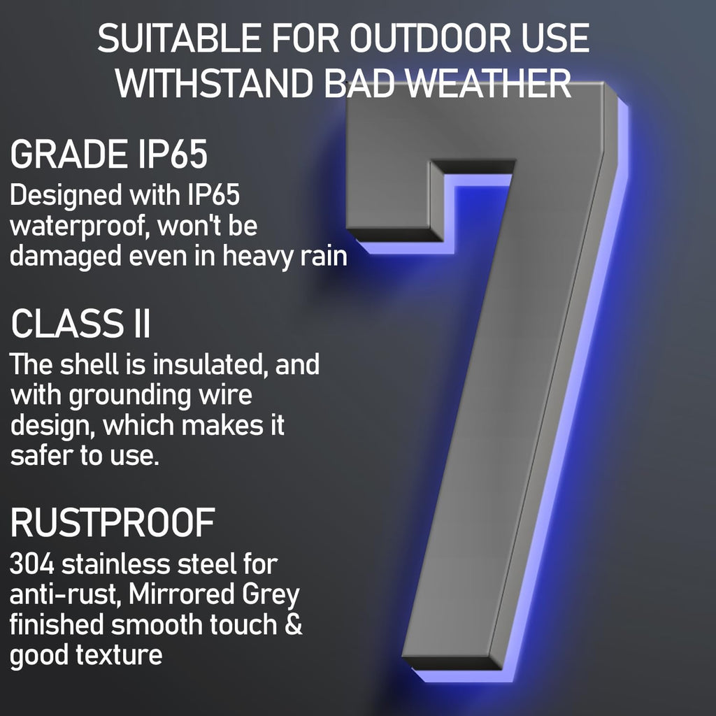 Backlit LED Home Address Numbers, Waterproof Illuminated House Numbers, Stainless Steel Address Numbers Signs, Lighted House Numbers For Outside Modern, Grey,16 Inch/400mm,3
