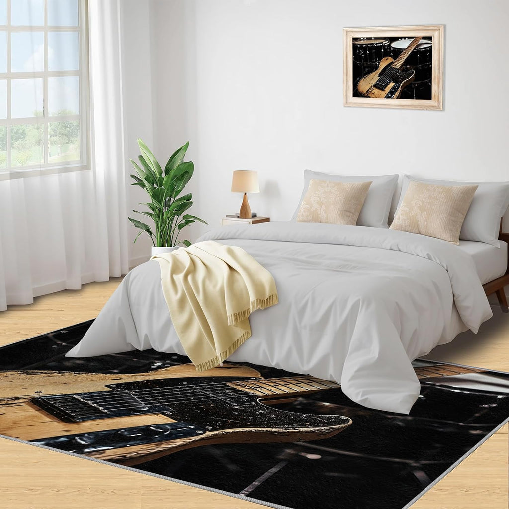 Music Rug 5x7-5x7 Rug, Guitar Area Rugs for Living Room Bedroom, Drum Set Rugs, Acoustic Guitar Washable Carpet, Boys Carpet, Music Lovers Home Decor & Gifts
