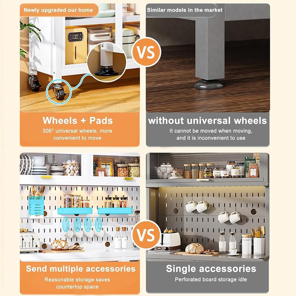 Kitchen Standing Bakers Rack, 5-Tier Microwave Stand with 8 S-Shaped Hooks, Movable Storage Shelf, for Kitchen Hutch, Home, Office, Pantry, Garage,White,82 * 44 * 167cm