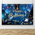 AWERT 20x10ft Blue Popular Music Theme Happy Birthday Background Banner Colorful Guitar Gold Music Notes Photography Backdrop Kids Adults Birthday Party Decoration Supplies