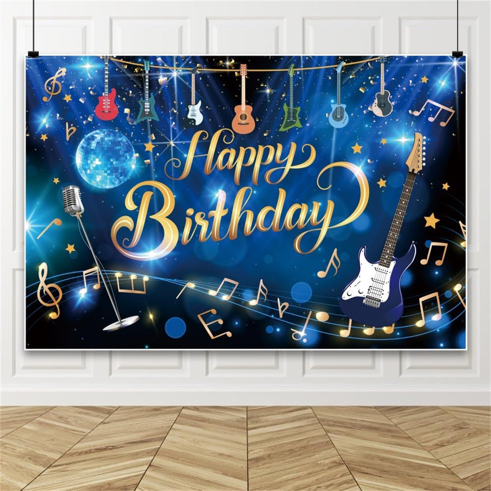 AWERT 20x10ft Blue Popular Music Theme Happy Birthday Background Banner Colorful Guitar Gold Music Notes Photography Backdrop Kids Adults Birthday Party Decoration Supplies